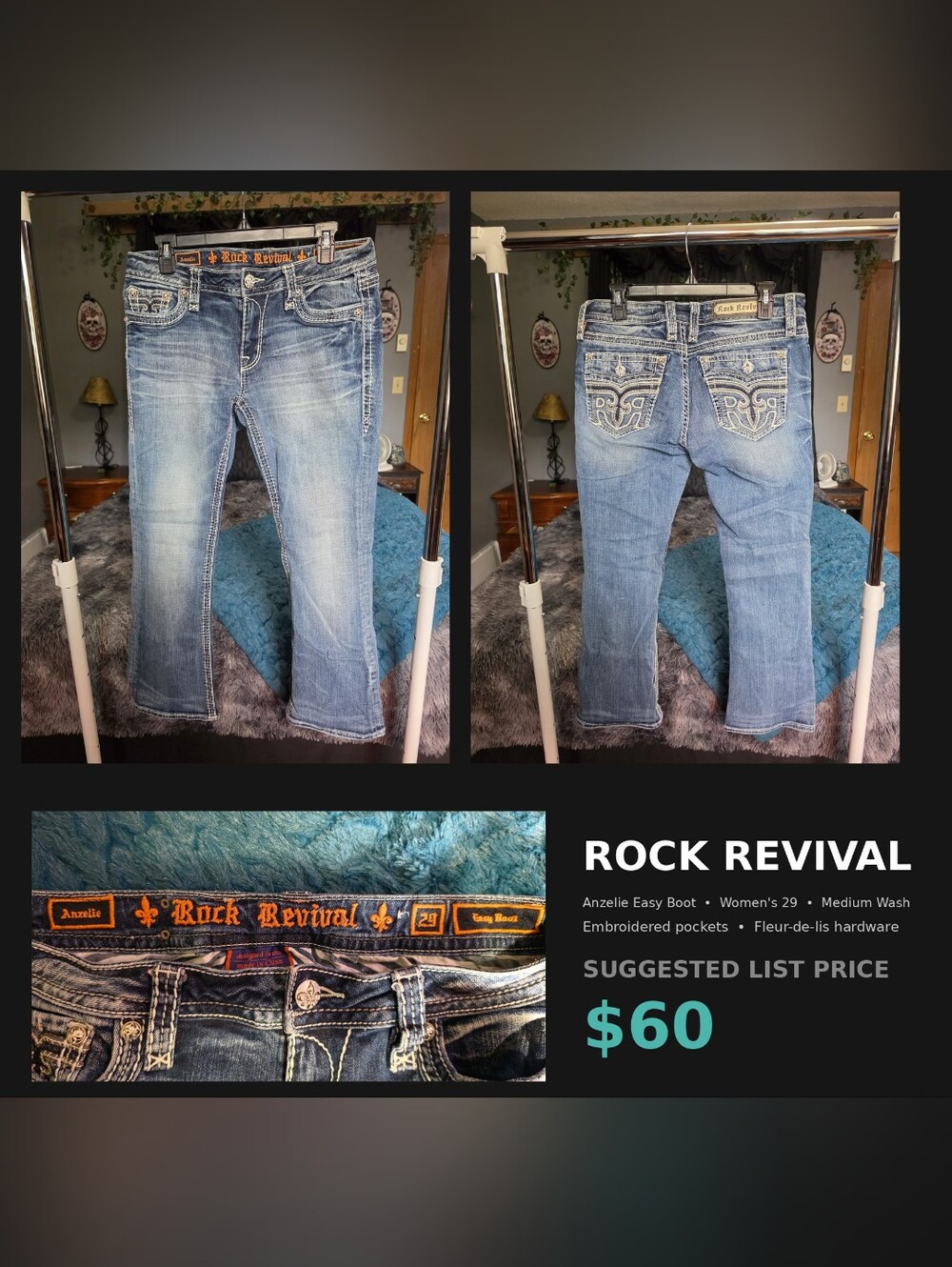 Rock Revival Anzelie Easy Boot Jeans Women's 29 Medium Wash Embroidered